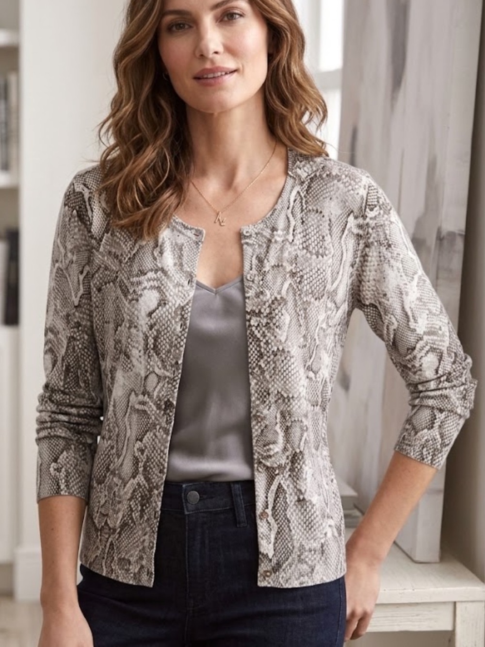 White House Black Market Snake-Print Cardigan in Gray NWT. 20” PTP